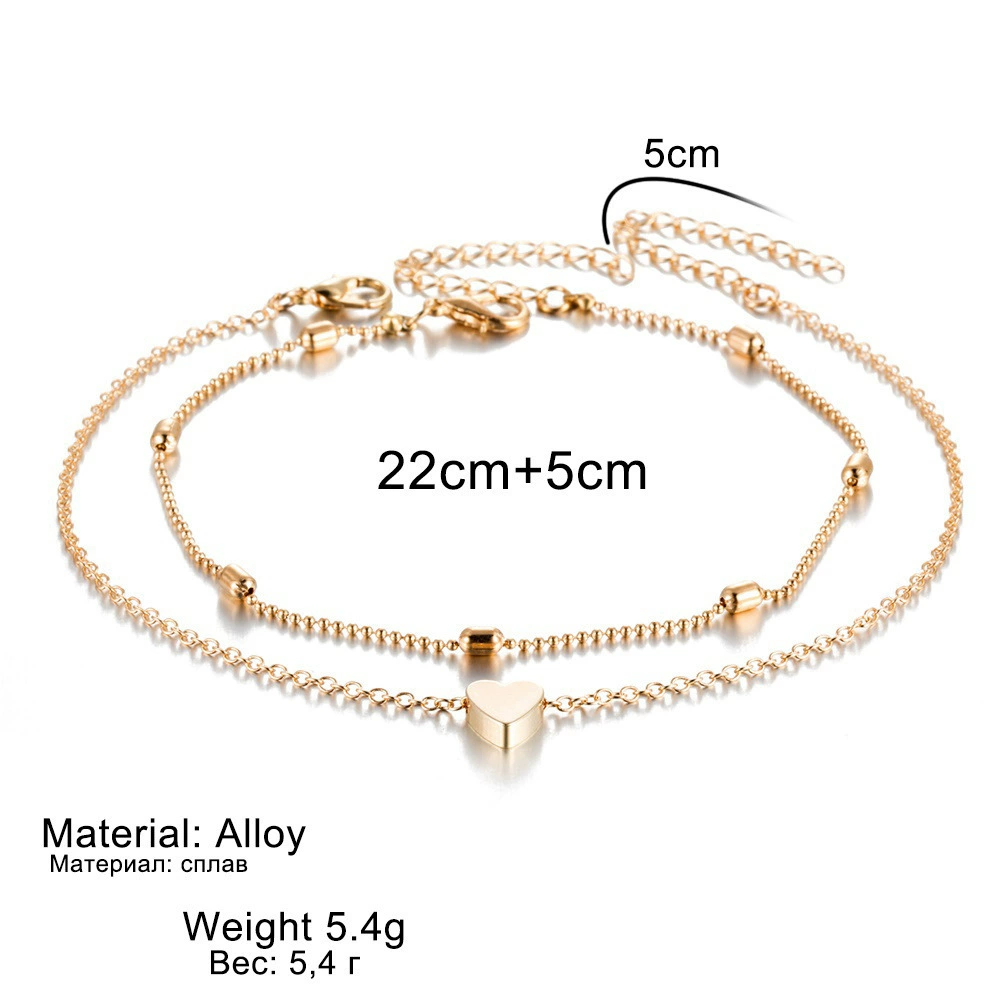  anklet (браслет на щиколотке) с сердечком, золотой или серебряный, круглые бусины, стиль лета на пляже