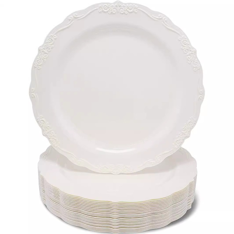 7.5 Inch 10.25 Inch Disposable Dinner Plate Embossed Color Hard Plastic Lace Disc European Style Imitation Porcelain Dinner Plate for Foreign Trade