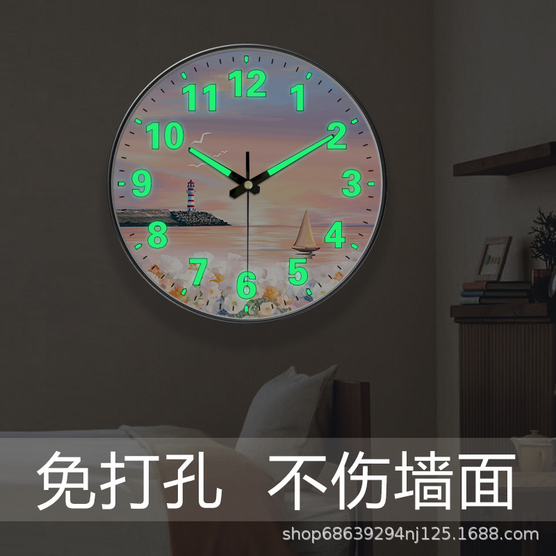 [12 Inches 30cm] Nordic Style Wall Clock, Luminous Light Luxury Cream Style Landscape Clock, No-Drill Installation