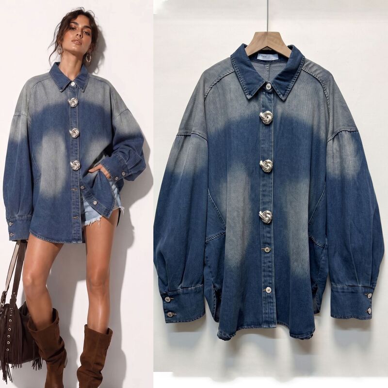 Spring and Autumn Foreign Trade Women's Denim Shirt with Turn-down Collar, Metal Buttons, Vintage Gradient Wash, Loose Fit, Long Sleeve Spring and Autumn Foreign Trade Women's Denim Shirt with Turn-down Collar, Metal Buttons, Vintage Gradient Wash, Loose Fit, Long Sleeve