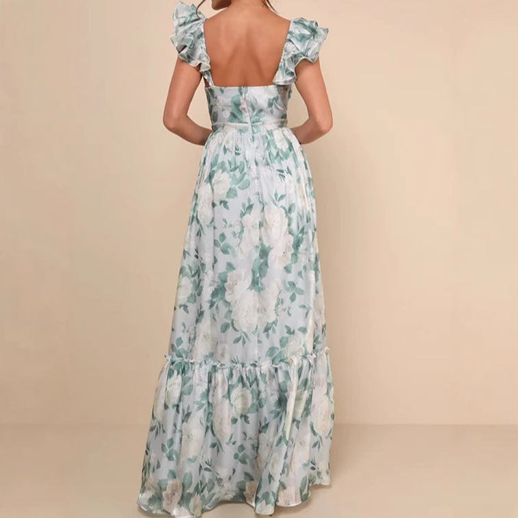 Women's Sexy Printed Deep V Ruffle Backless Top European American Style Summer Fashion Suspender Design_ecoleips.com
