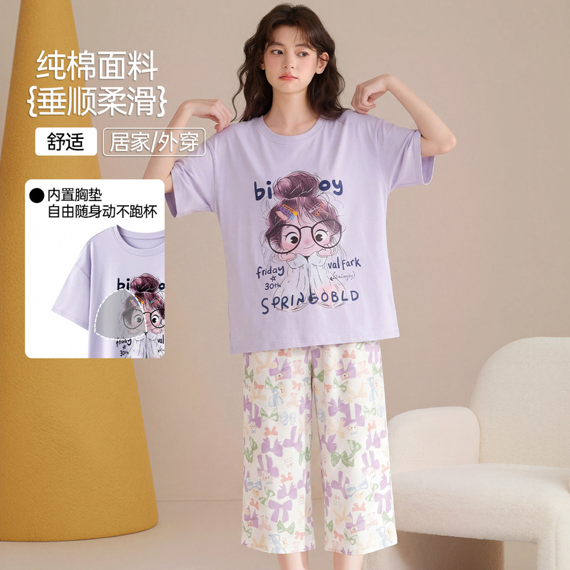 Women's summer short-sleeved cotton pajamas with chest pads, cropped pants, cartoon character print, suitable for outdoor wear, home wear set Women's summer short-sleeved cotton pajamas with chest pads, cropped pants, cartoon character print, suitable for outdoor wear, home wear set