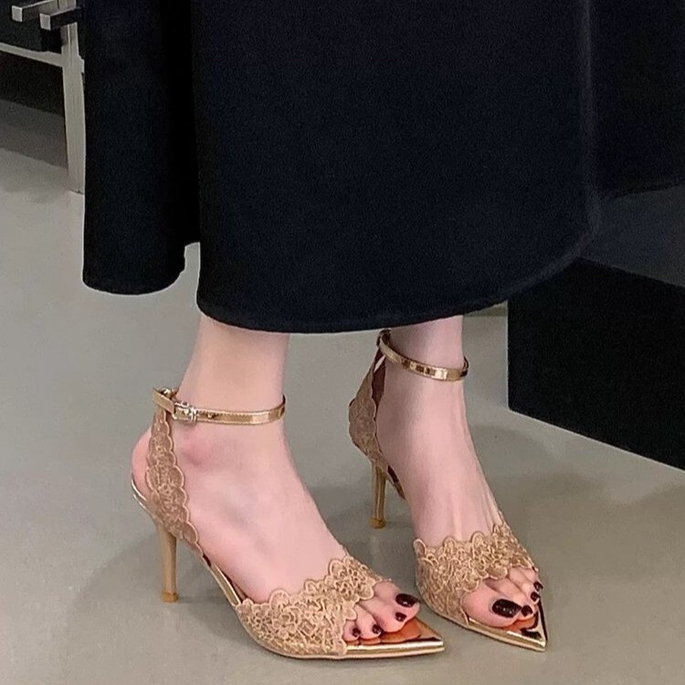2026 Summer Fashion Sandals Lace Pointed Toe One-Strap Thin Heel High Heel Sandals