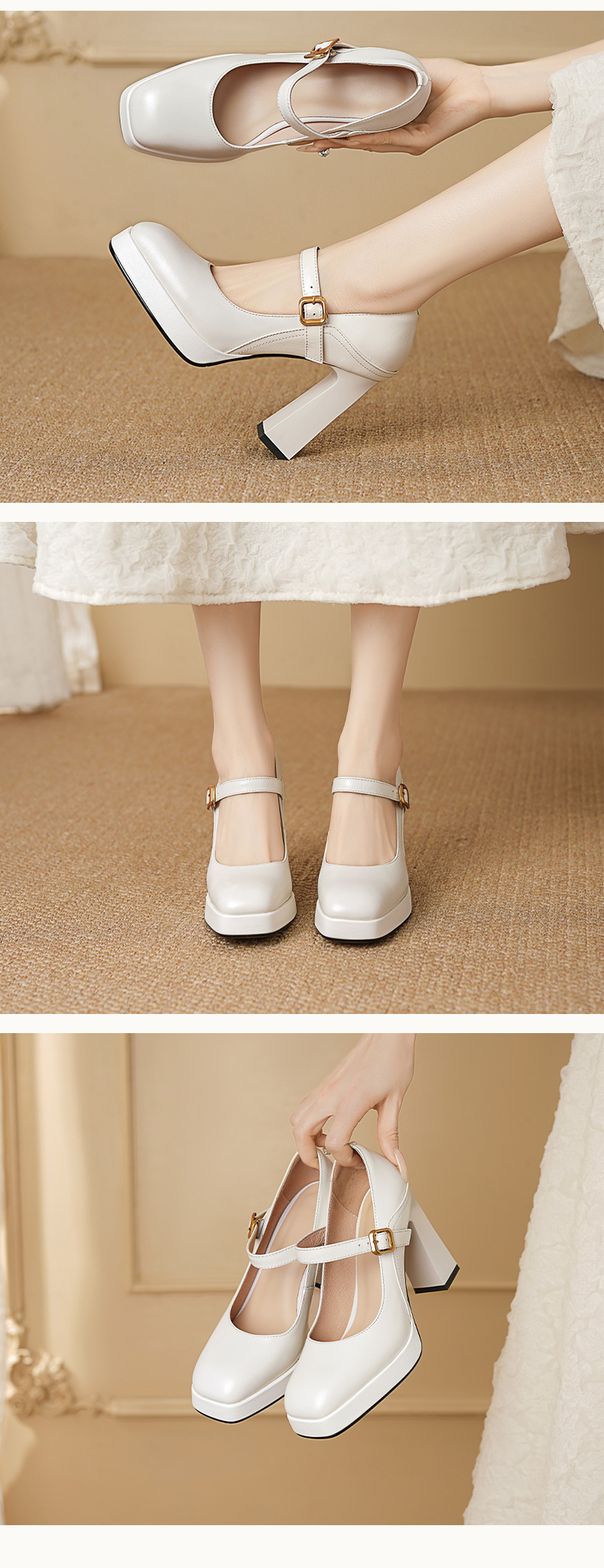 Giày cao gót nữ gót vuông 10 cm quai ngang một chữ khóa, mũi nhọn cổ điển, đế dày — Da bò trắng gạo chi tiết 6