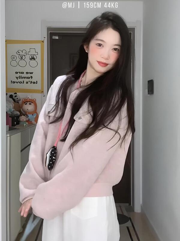 美式棒球服粉色毛呢外套女春秋季2025新款开衫小个子短款夹克上衣|undefined