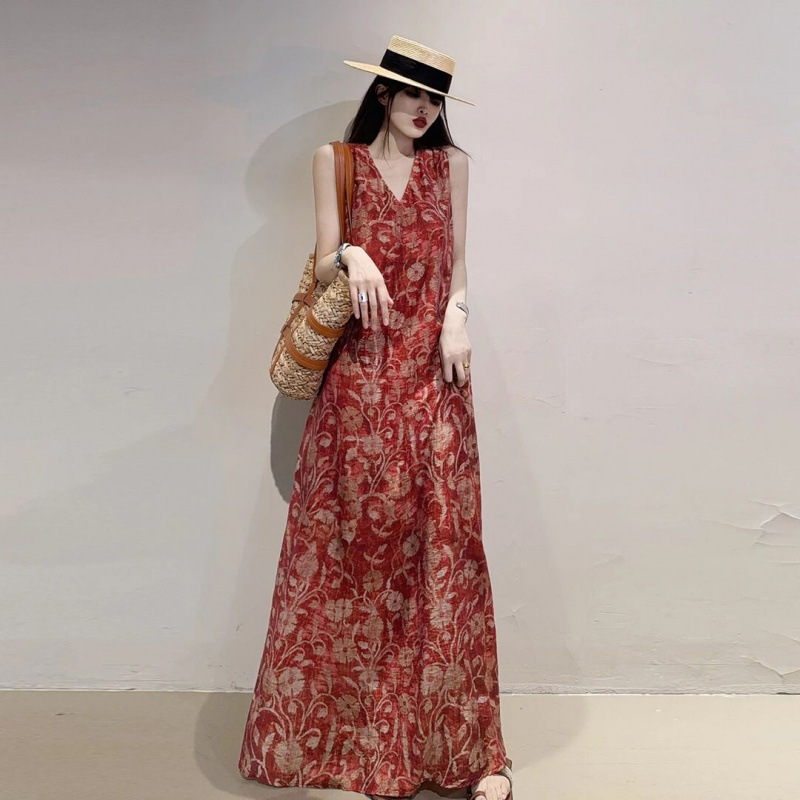 French-Style Long Cotton-Linen Sleeveless Vest Dress for Tall Women, Summer Thin Slimming Loose-Fitting Dress That Covers the Belly