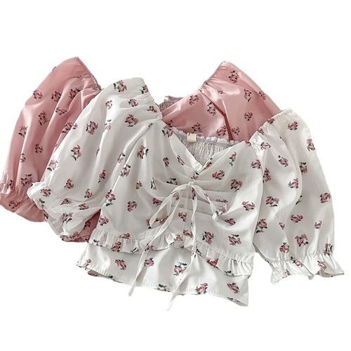 Chiffon Blouse Summer Korean Style Square Collar Bubbling Sleeve Chiffon Short Sleeve Top