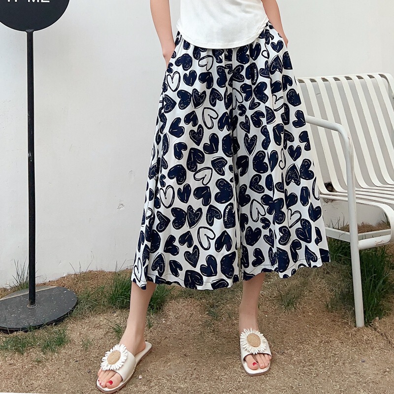Floral cotton silk wide-leg pants women's summer mother's cropped pants high waist culottes loose thin pantskirt women 2023