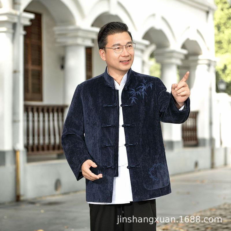 唐装秋季夹克老年刺绣长袖唐装夹克套装高品质休闲爸爸装老人衣服|undefined