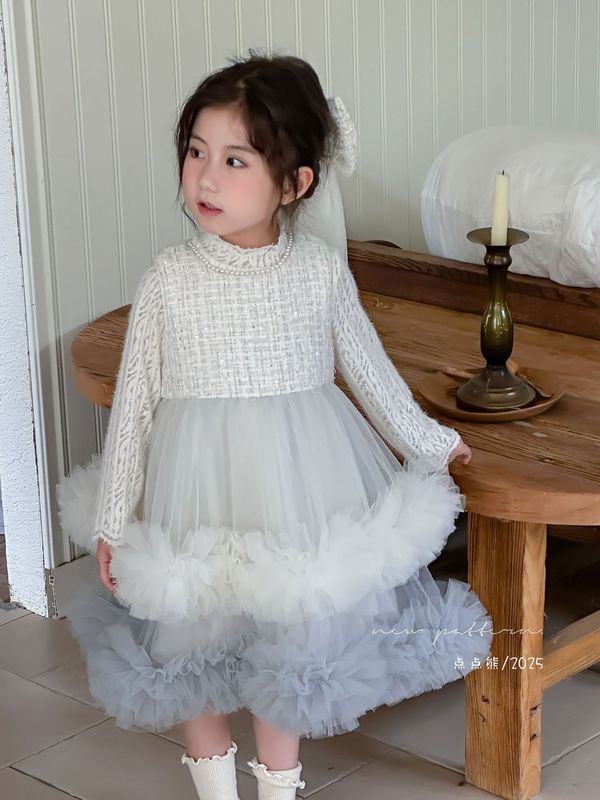 女童连衣裙2025秋季新款小香风呢布背心裙蕾丝打底上衣套装网纱裙|undefined