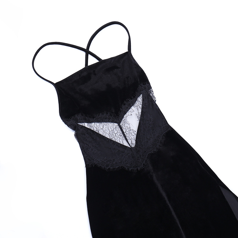 Women Autumn Summer Lace Sexy Backless Patchwork Slit Dress Women