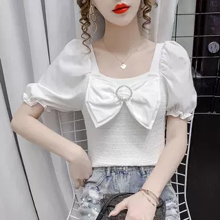 泡泡袖显瘦衬衫女2025春夏新款方领蝴蝶结设计感上衣时尚气质女装