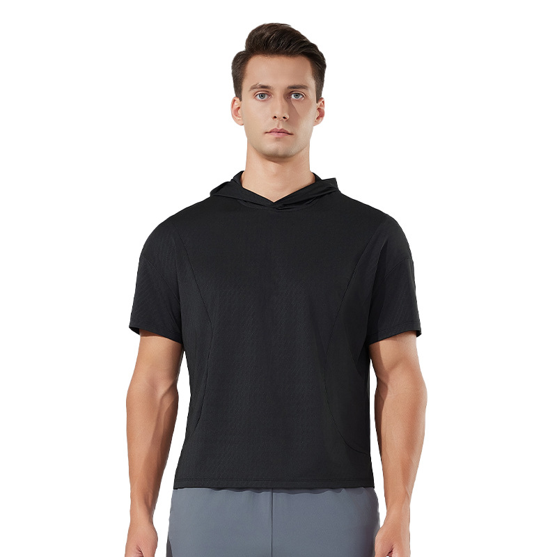 Verano nuevo estilo para hombres y mujeres con el mismo estilo de secado rápido casual de manga corta suelta blusa transfronteriza para correr al aire libre de manga corta con capucha de manga corta