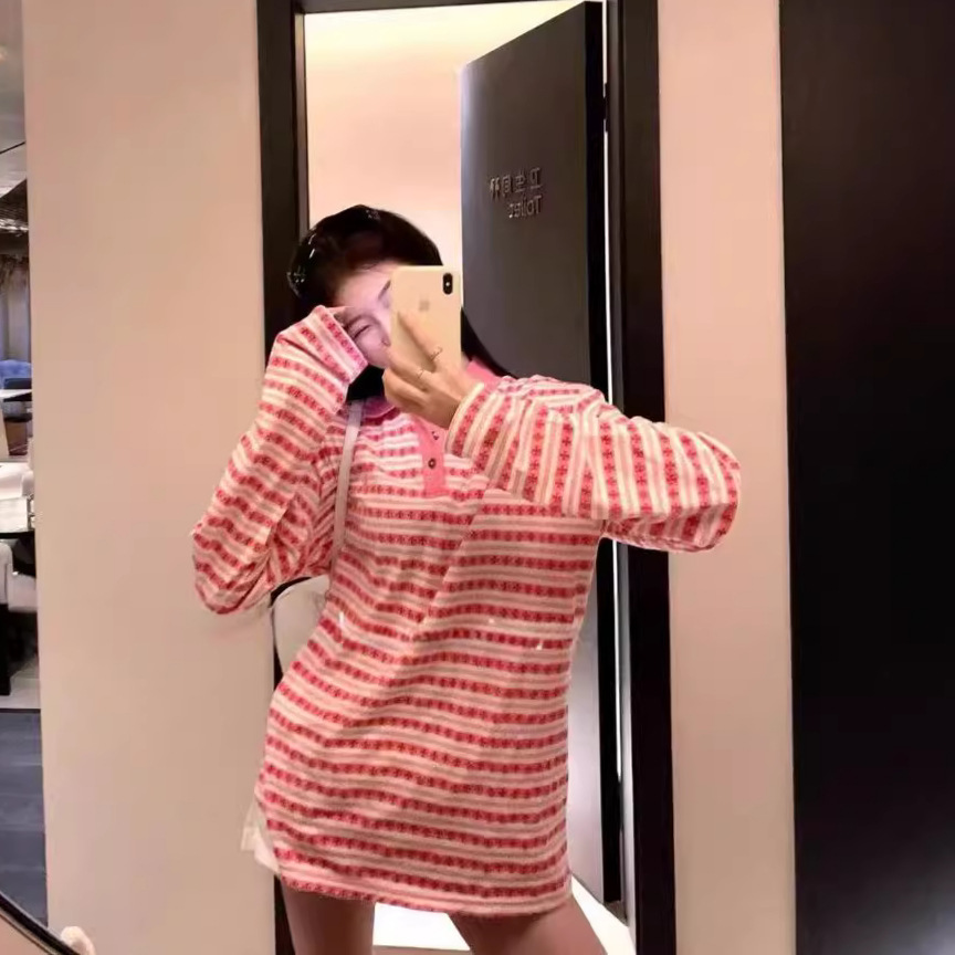 Korean runway style ~ ITᵏᴾ Haute Couture Striped Jacquard Button-Down Polo Shirt for Women, Long Sleeve, Loose Fit, Base Layer