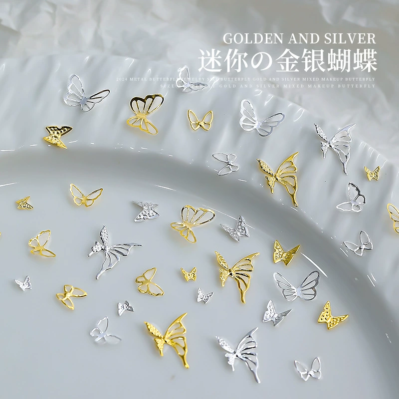 Новая модель бабочки маникюра ювелирный сплав большой и маленький золотой серебряный жидкий ажурный бабочка ультра-вспышка стерео украшения ногтей
