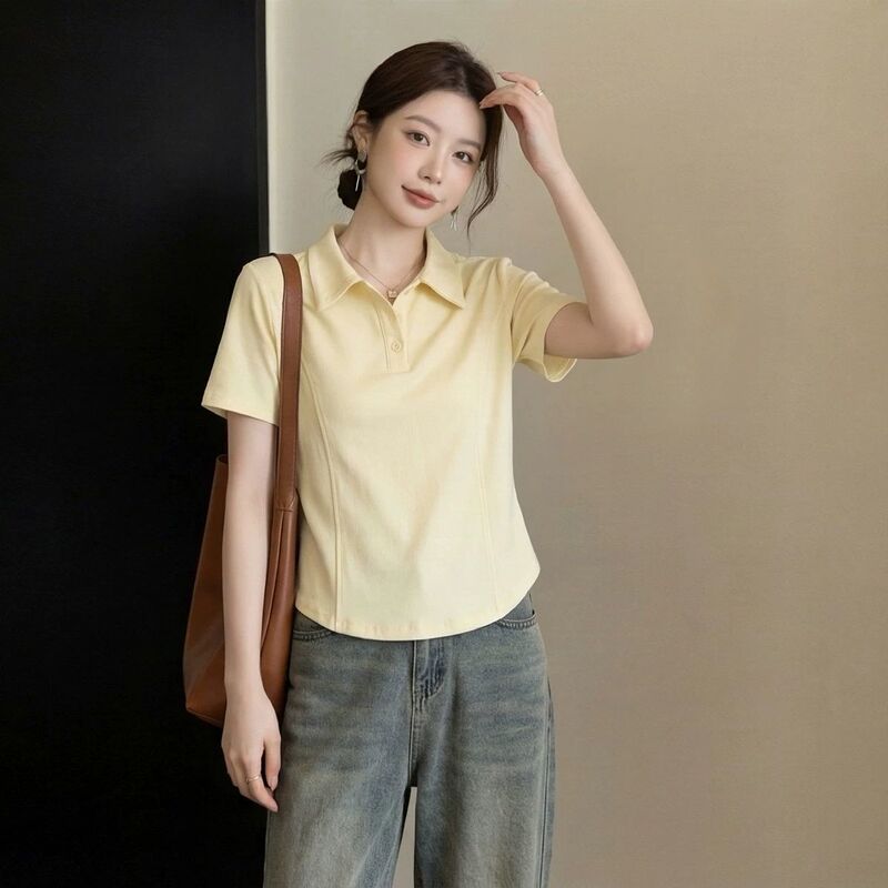 100kg Cotton Plus-Size Polo Collar Short-Sleeve T-Shirt for Women, Summer Fishbone Slimming Half-Sleeve Top