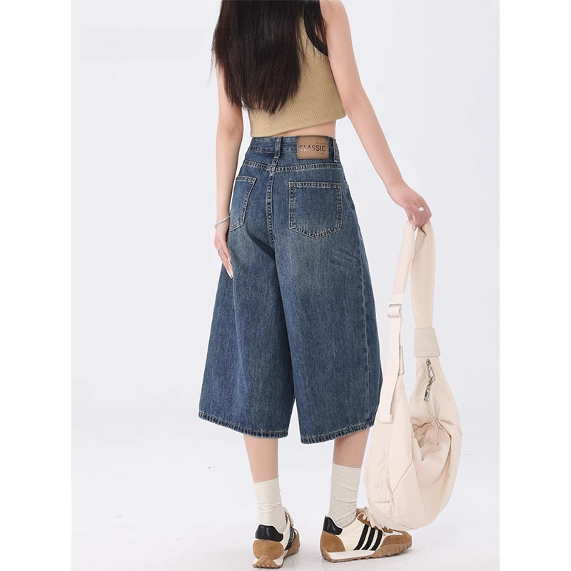 American Style High Street Retro Wide Leg Cropped Denim Pants Women's Summer High Waist plus size Slimming Loose Straight Short Pants