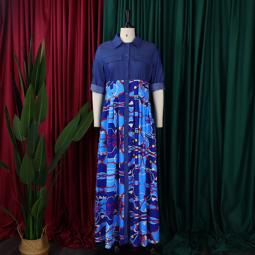 Abito da sera lungo da donna con stampa e dettagli in denim_voghion.com