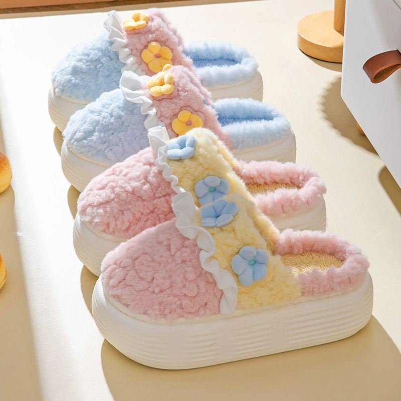 Симпатичные осенние и зимние хлопчатобумажные тапочки на высоком каблуке женские домашние теплые тапочки водонепроницаемые противоскользящие домашние шерстяные тапочки