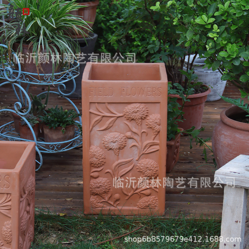 Caja de flores de cerámica roja gran estilo americano cuadrado en relieve maceta de cerámica gruesa pastoral viento plantación de árboles maceta paisajismo maceta transpirable