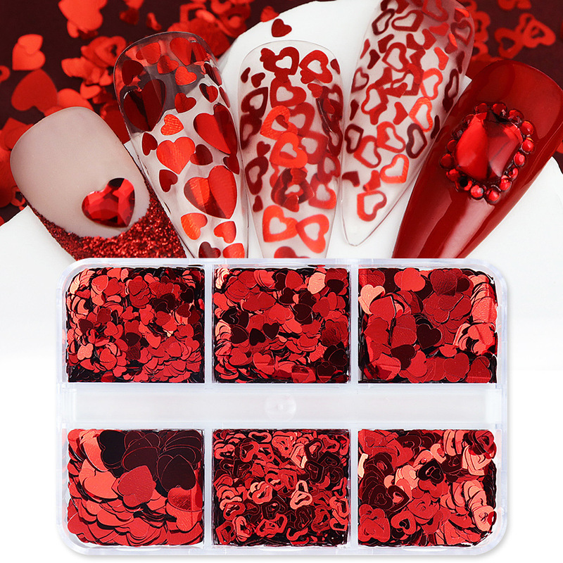 Valentine's Day 6 Big Red Love Nail Art Sequin Jewelry Boxed Hollow Heart Shaped Flash Mixed Nail Jewelry