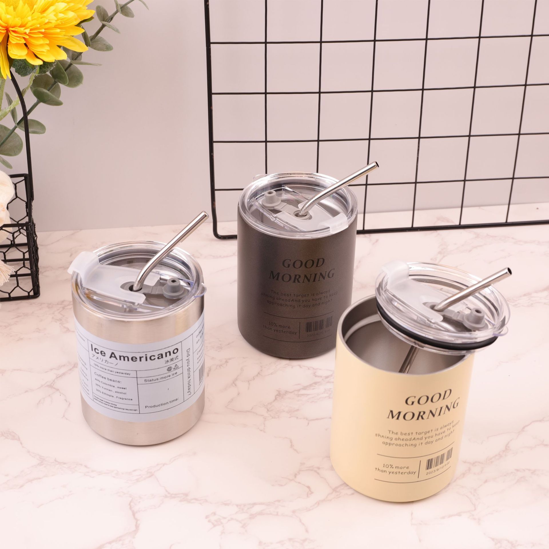 Hielo de vacío transfronterizo Taza de café americana Acero inoxidable Taza de paja con leche portátil de gran capacidad Taza de vacío portátil de coche