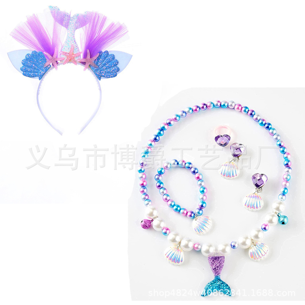Collar de princesa sirena para niños Pulsera de perlas de concha Varita mágica para niños Accesorios de hadas para niños Traje de rol