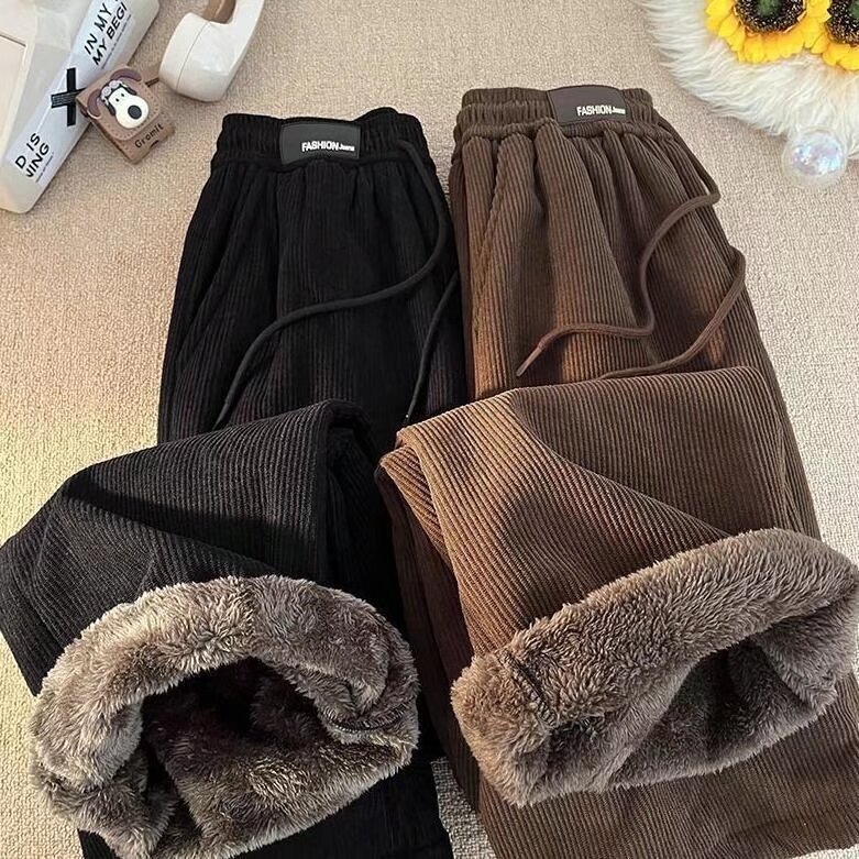 Fleece-Lined Thickened Lamb Wool Pants for Men, Autumn and Winter Corduroy Warm Cotton Pants, Chenille Slim Straight Wide-Leg Pants