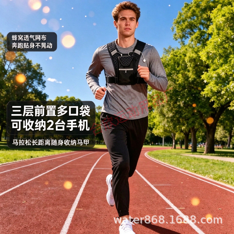 Running-specific vest chest bag, adjustable sports vest, cycling gear, phone and water bottle large-capacity storage bag J