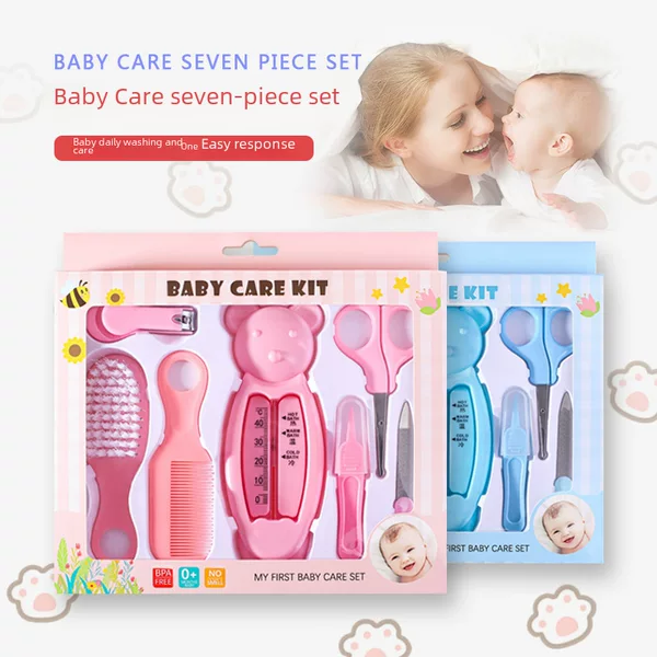English packaging baby care 7 piece set baby water thermometer combination suit baby safety nail clippers comb brush