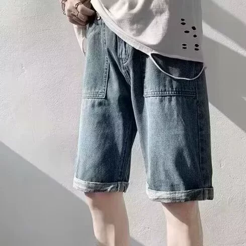Мужские свободные джинсовые шорты в японском стиле ретро, ​​летние тонкие модные однотонные шорты до колена с закатанными штанинами, универсальные для студентов.