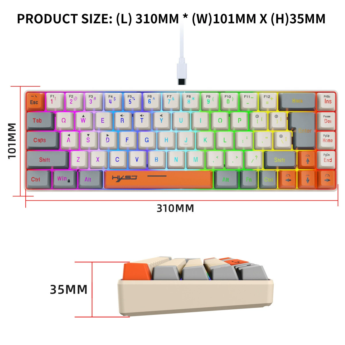 Новый проводной игровой клавиатура Hxsj на 68 клавиш, три цвета подсветки, отдельная RGB подсветка, накладка клавиатуры