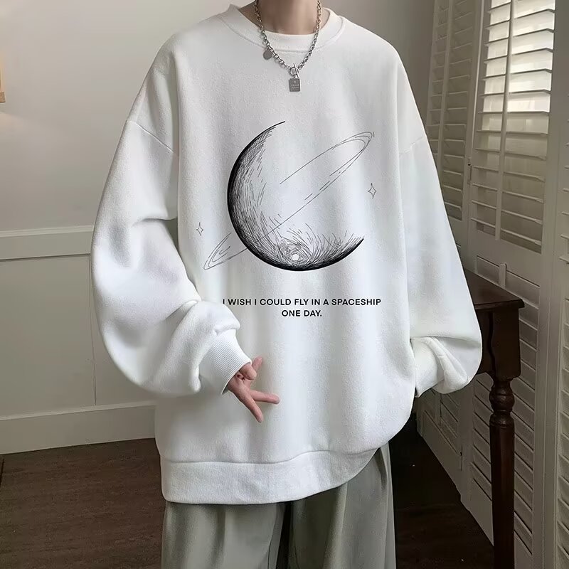 Personalized Moon Print Sweater Men's Autumn And Winter Hoodless Crew Neck Jacket Top Casual Long-sleeved Bottoming Shirt Tide_viptrois.com