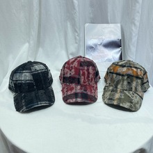 韩版时尚格纹破洞棒球帽子女秋冬街头显脸小休闲加厚保暖鸭舌帽潮