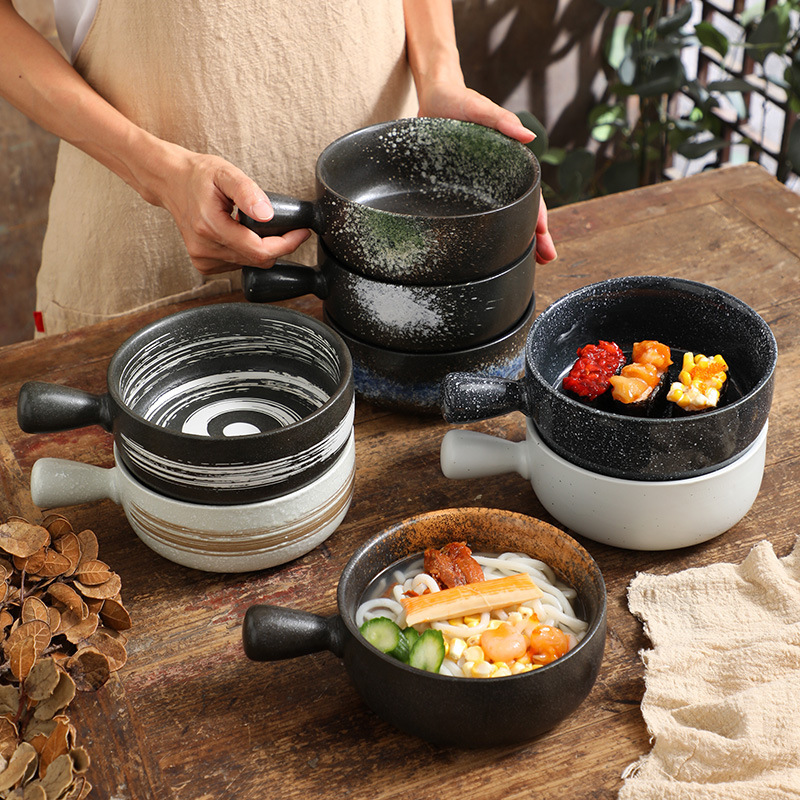 Wholesale Breakfast Bowl Instant Noodles Bowl with Handle Salad Bowl Baking Bowl Heat Resistant Ceramic Japanese Style Vintage Creative Baking Baked Rice Bowl