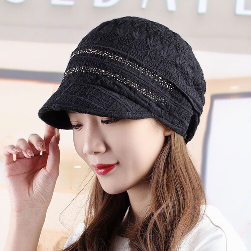 Lightweight breathable brimmed duck bill hat for women, elegant wide brim puffy hat, mesh lace headscarf hat, bald head hat for spring and summer