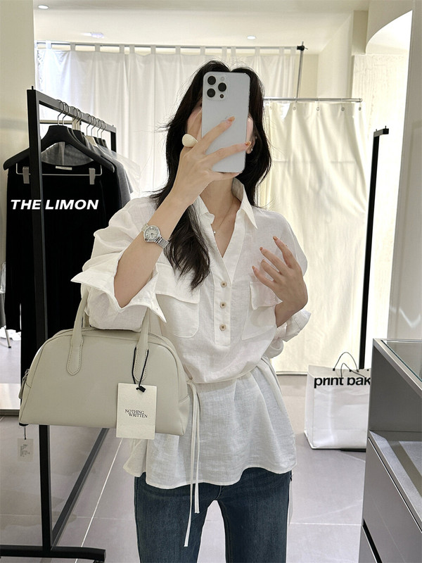 thel limon柠檬绿茶秋季法式风设计感系带收腰系绳翻领长袖衬衫女|undefined