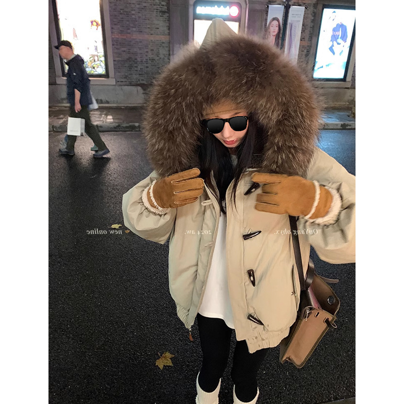 Ouyang Raccoon Fur Collar Down Jacket Women's Winter Thickened Warm 90 White Duck Down Buckle Hooded Jacket Ouyang Raccoon Fur Collar Down Jacket Women's Winter Thickened Warm 90 White Duck Down Buckle Hooded Jacket