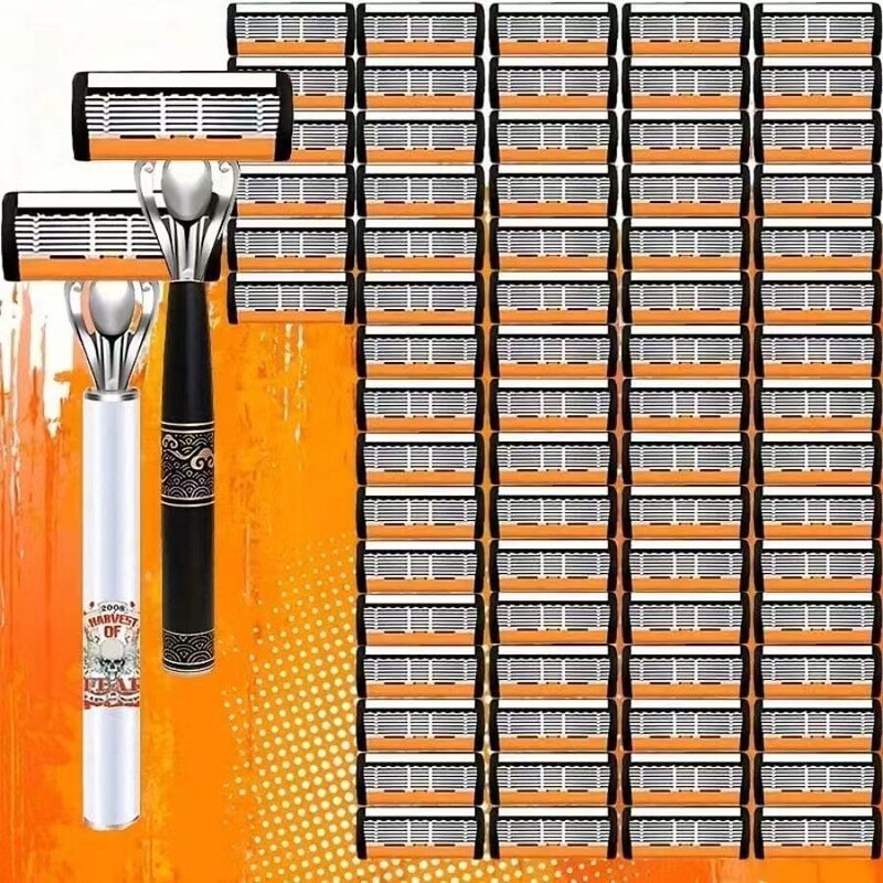 2 Razor Holders, 72 Razor Blades, 6-Layer Manual Razor Blades, Men's Razor, Manual Shaving Razor, Stainless Steel Handle 2 Razor Holders, 72 Razor Blades, 6-Layer Manual Razor Blades, Men's Razor, Manual Shaving Razor, Stainless Steel Handle