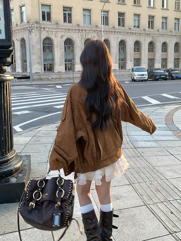 麂皮绒机车外套2025秋季复古美拉德休闲宽松慵懒翻领廓形感夹克女|undefined