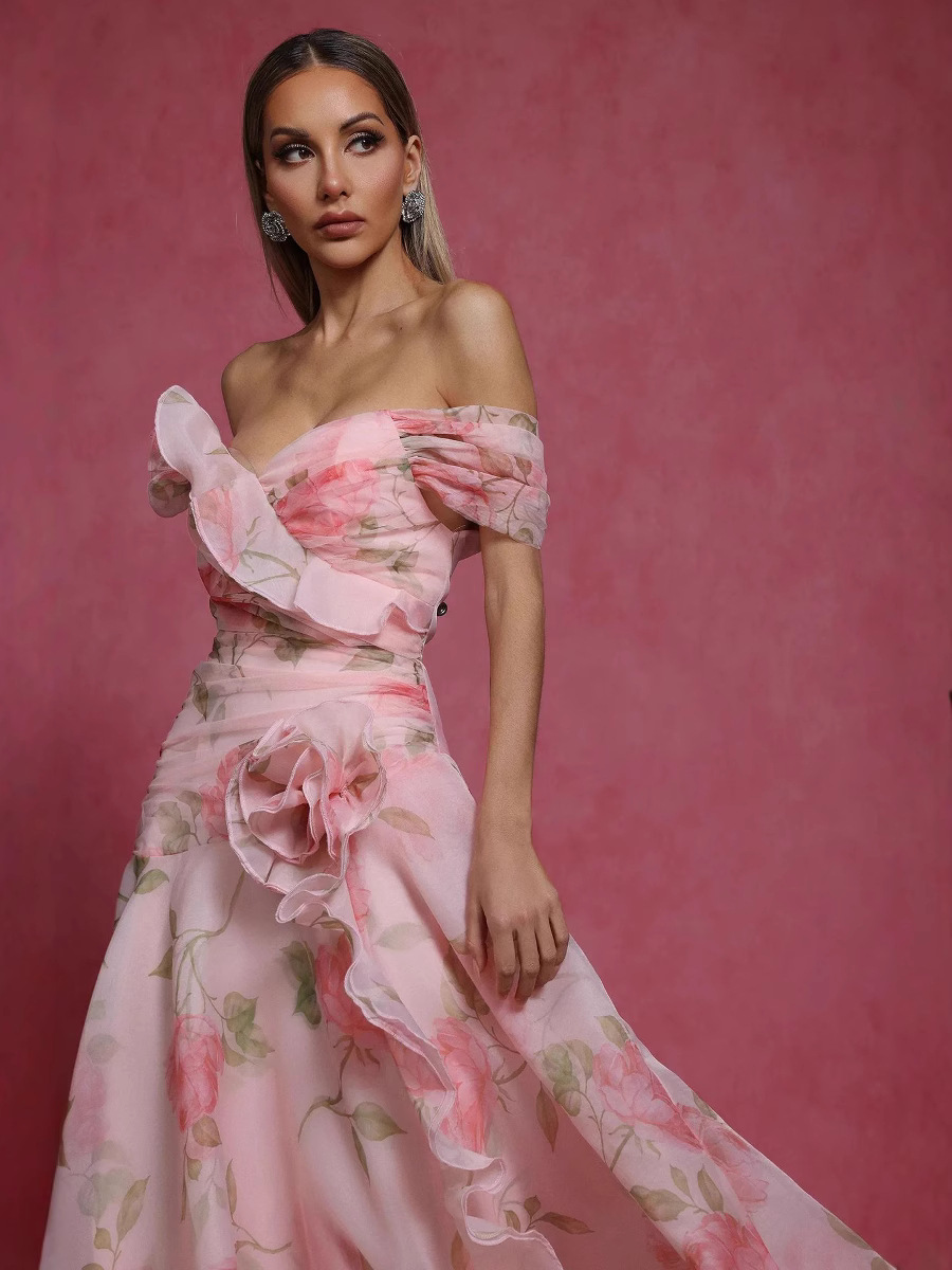europski prekogranični ljetni novi stil 2026. francuski retro cvjetni struk ležerna haljina s kosim ramenima s printom