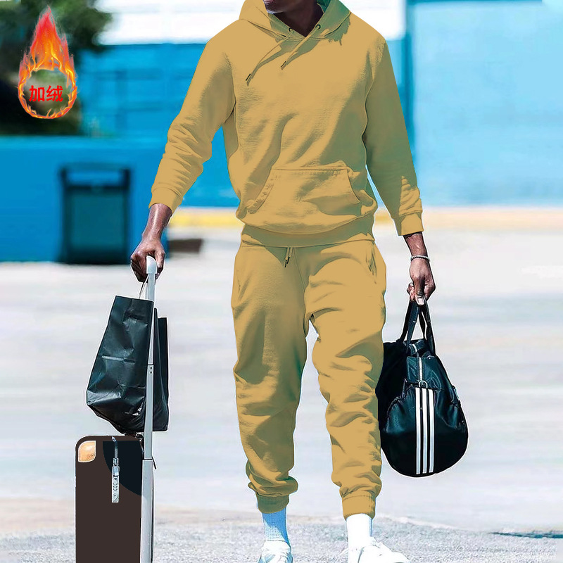 2023 estación independiente transfronteriza con capucha de lana forrada suéter de color sólido traje europeo y americano suelto casual de dos piezas ropa de hombre