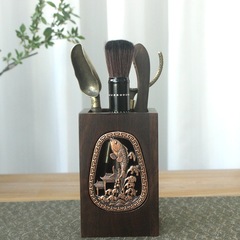 Black Ebony Tea Ceremony Six Gentlemen Set: Solid Wood Chinese-Style Kung Fu Tea Utensils, Including Tea Tray, Tea Accessories, Tea Clip, Tea Needle, and Tea Spoon.