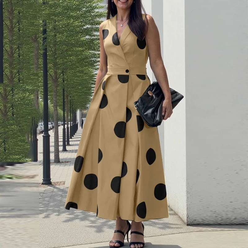 Summer Office Women's Sundress Elegant Polka Dot Maxi Dress Sleeveless Party Fashion Dress_ecoleips.com