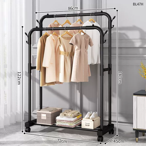 Plastic combined coat rack flat bottom double rod 80 black plus wheels