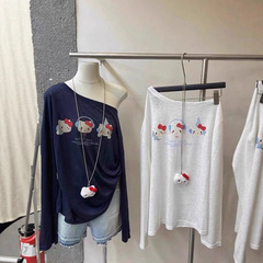 韩系白色kitty猫咪印花斜肩长袖T恤女秋季新款一字肩高级感上衣服