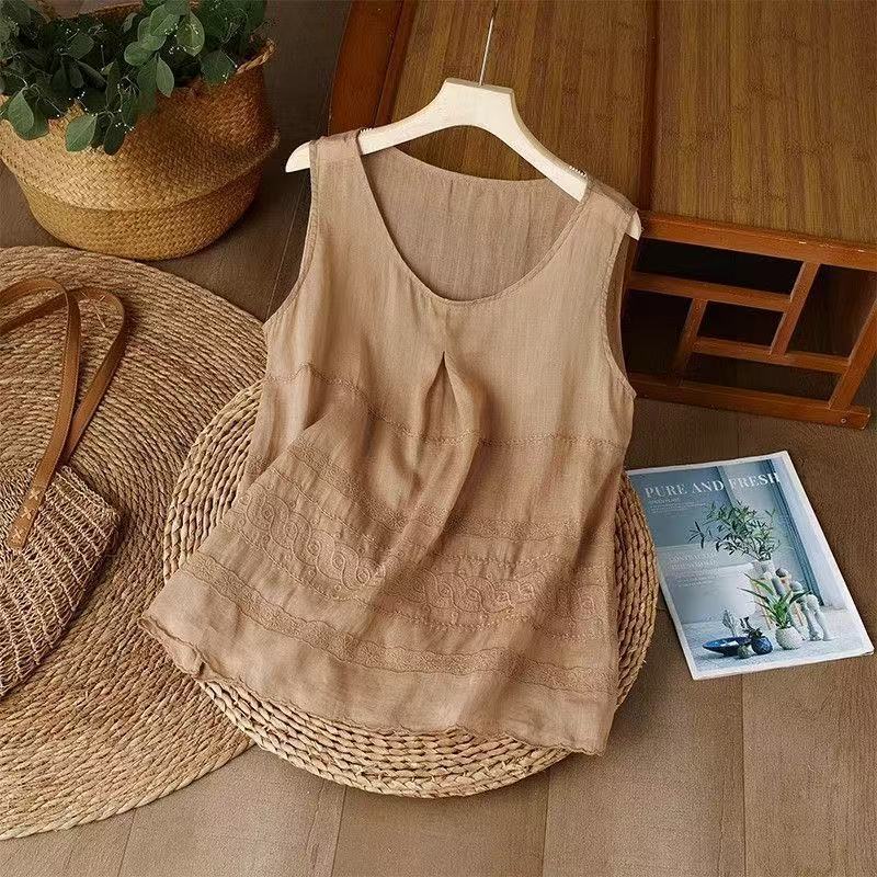 夏の女性用コットンとリネンの刺繍入りキャミソール、スリムなノースリーブのアウターウェアとインナーウェア、大きいサイズのコットンとリネンのボトムシャツトップ|undefined