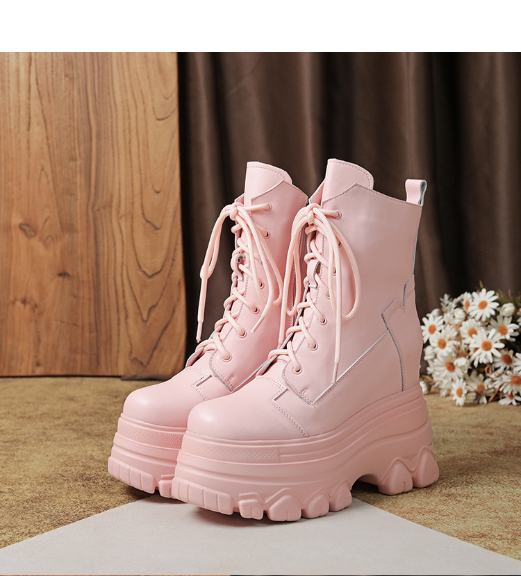 Boot nữ da thật đế dày tăng chiều cao 12 cm dây buộc cổ thấp — Đen lót nhung chi tiết 16
