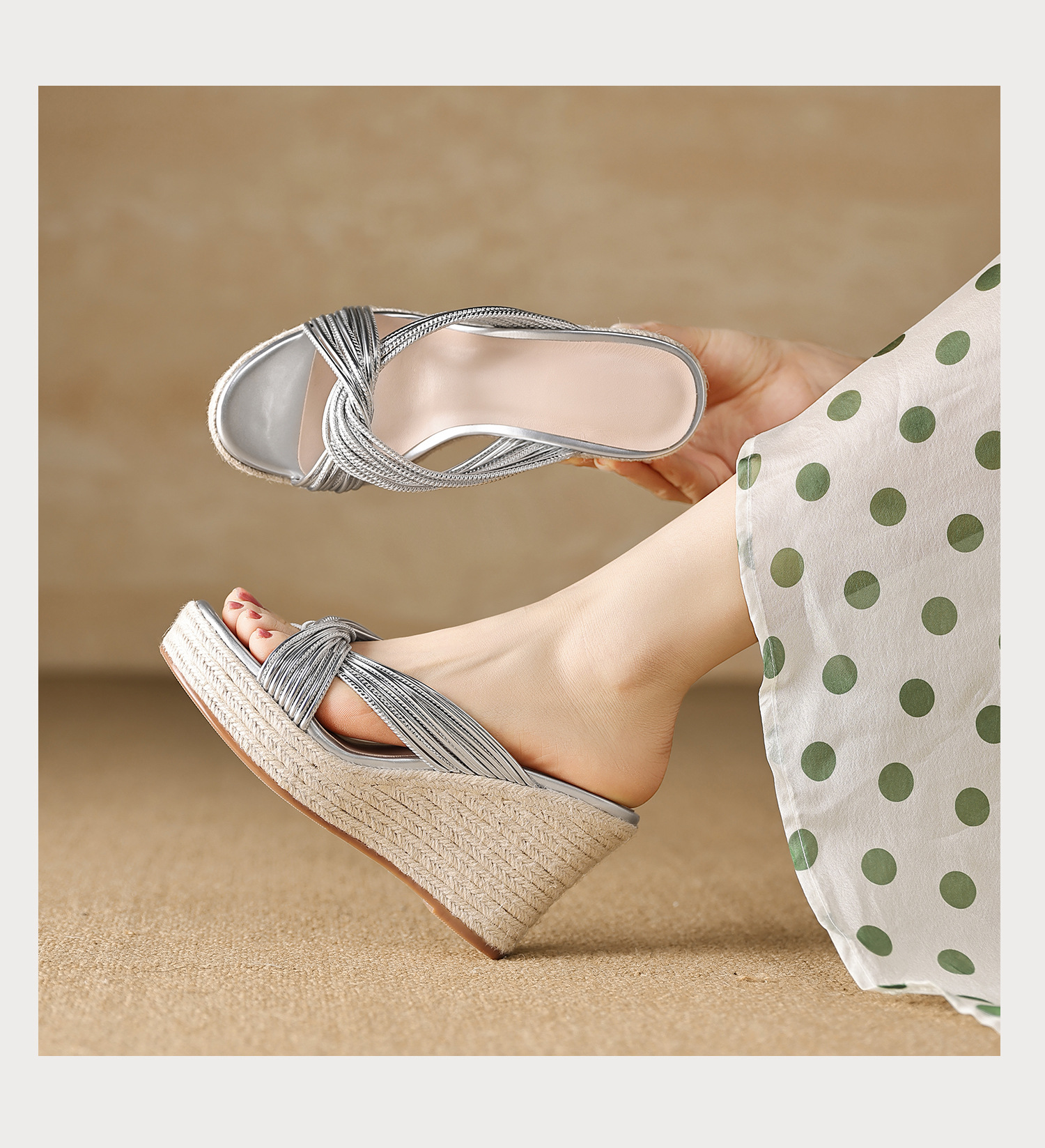 Sandal cao gót nữ đế đan rơm quai chéo bạc hở mũi phong cách Tân Trung Hoa — màu vàng, bạc chi tiết 16