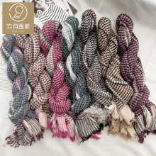 复古小格子自然皱围巾 民族风条纹流苏棉质丝巾装饰披肩厂家批发